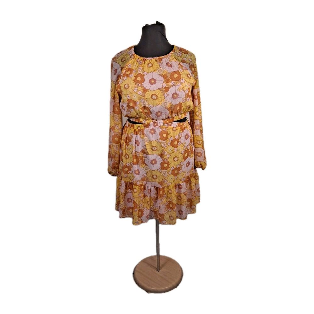 Steve Madden Womens Cadi Floral Mini Dress Sz XL Pink Yellow Long Sleeve Cutout